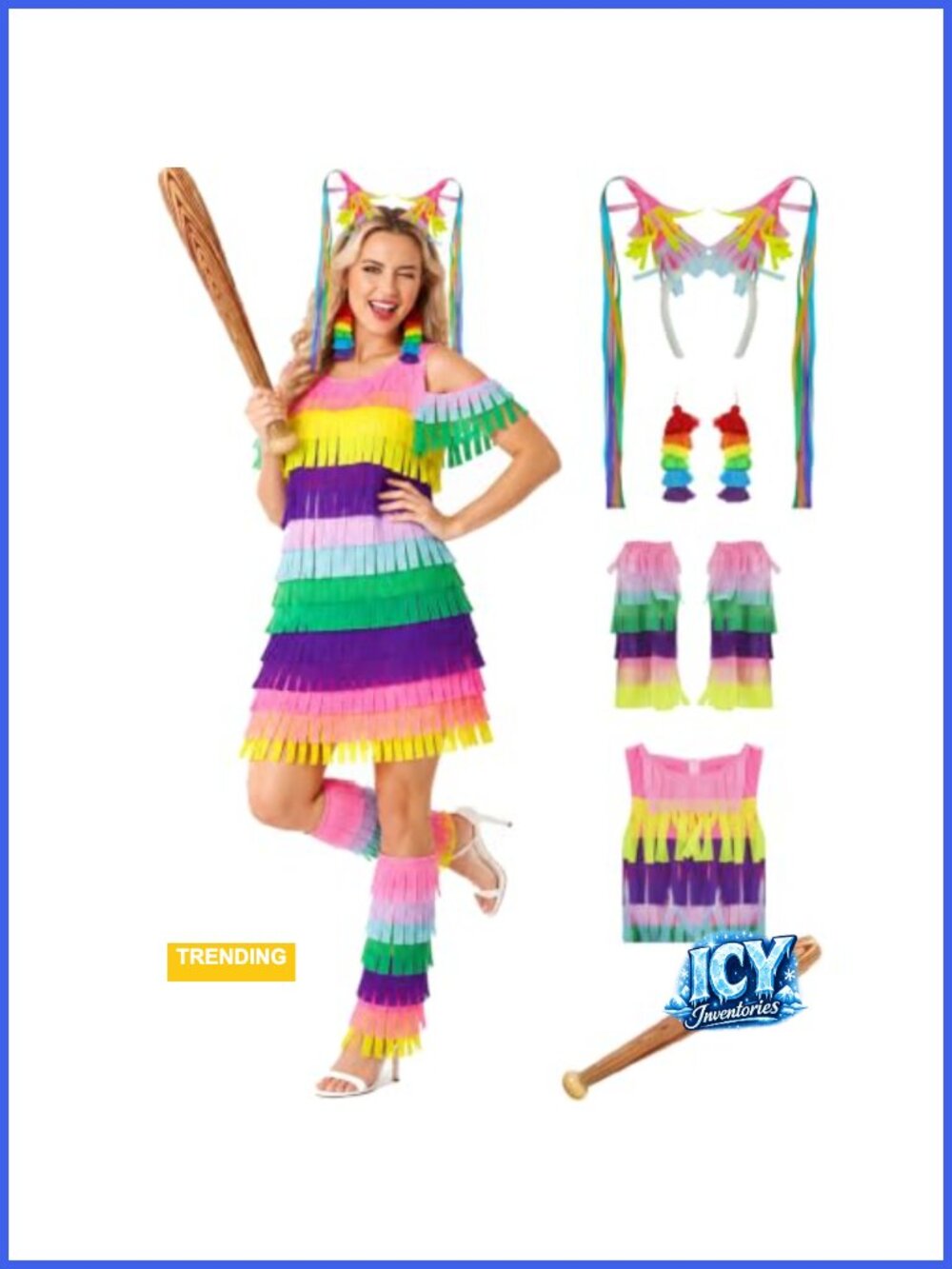 Women's Pinata Halloween Costume Dress with Horn Headband Leg Sleeves Earrings